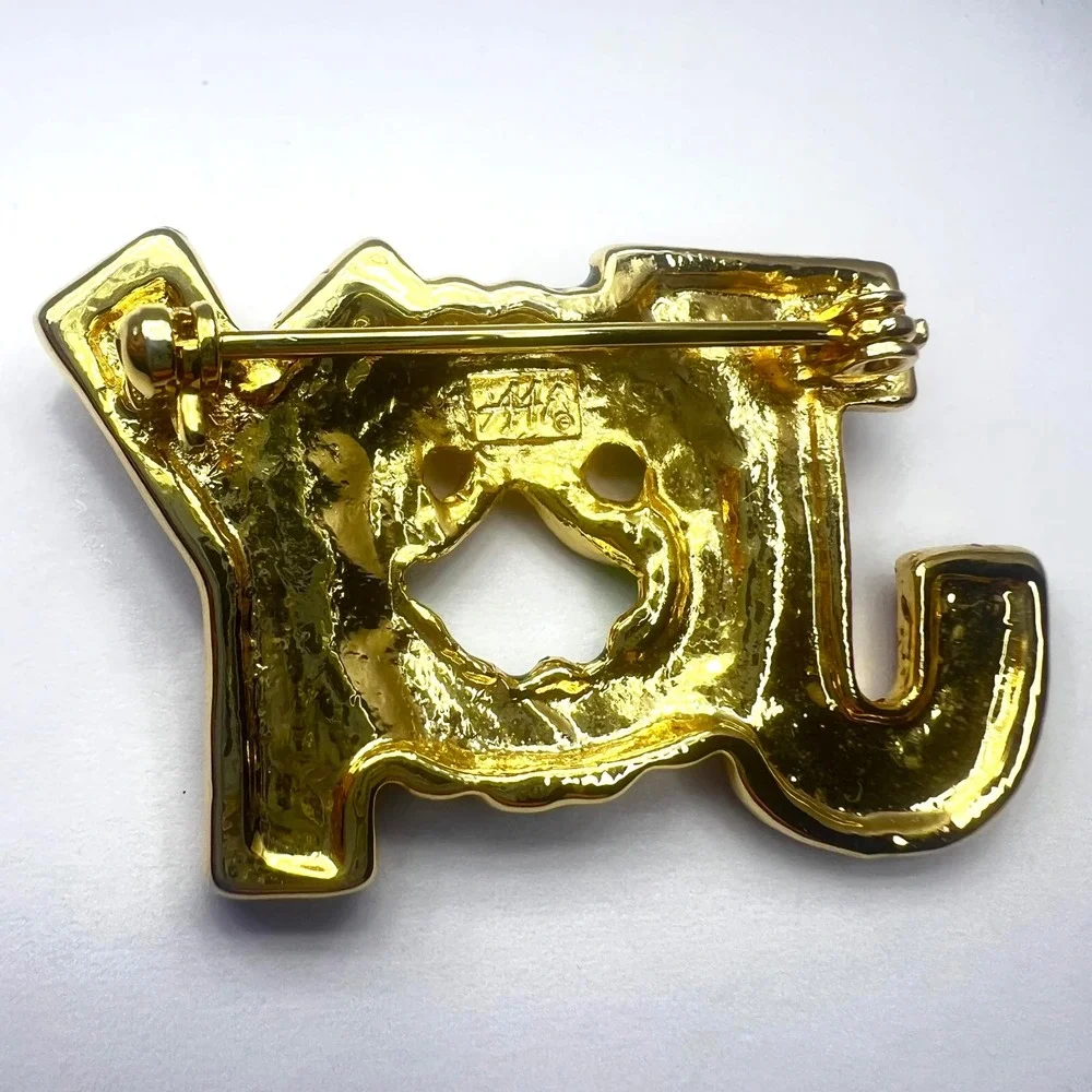 Vintage AAI Christmas Brooch JOY Enamel Glitter Red‎ Green Gold Tone Signed Pin